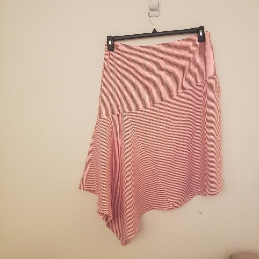 Red/White Striped Asymmetrical Linen Blend Skirt Marked Size 1X But Small EUC